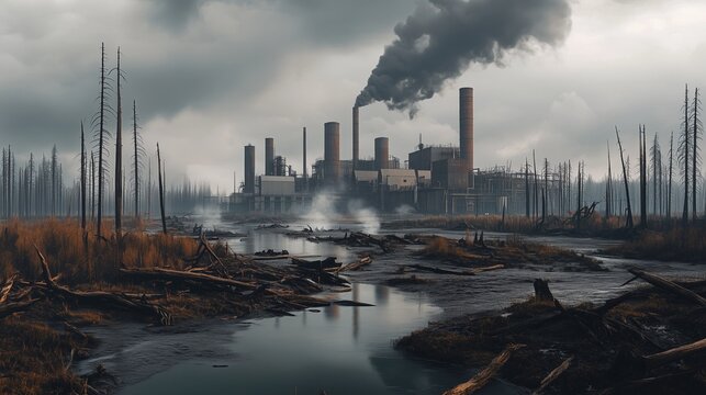 A desolate industrial landscape featuring a smokestack emitting dark smoke. A polluted river winds through the barren terrain.