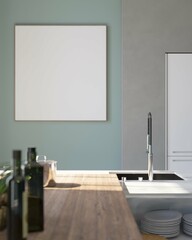 cozy home interior background, modern minimalist style kitchen with mockup poster, 3d render	