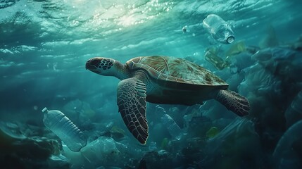 A sea turtle gracefully swims through a vibrant underwater scene filled with marine debris, showcasing the need for ocean conservation.