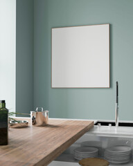 cozy home interior background, modern minimalist style kitchen with mockup poster, 3d render	