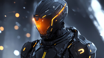 A futuristic robot figure in sleek dark metallic armor with glowing orange accents stands in a dimly lit environment and a helmet with a glowing visor. Futuristic Armor. Illustration