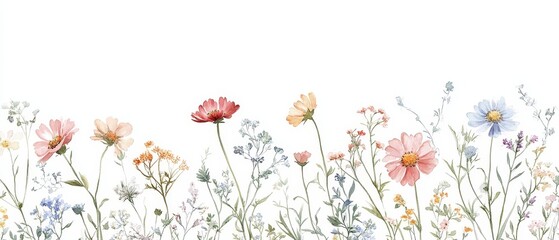 Naklejka premium Watercolor painting of delicate wildflowers in shades of pink, blue, and yellow.