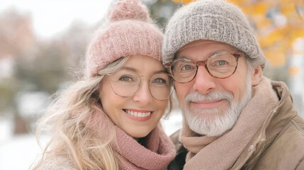 Fototapeta premium A happy couple in winter wear smile warmly at the camera.