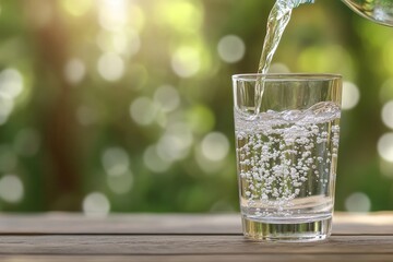Pouring water into a glass with bubbles on a wooden table with a blurred green background.