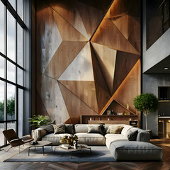 Modern Living Room with Geometric Wood Wall 3D Illustration