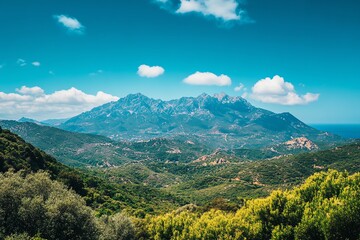 Lush Green Forested Mountain Range Under a Clear Blue Sky.