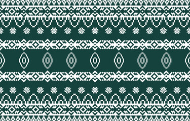Christmas and New Year white and green seamless pattern, fairytale pixel pattern in white and green with Nordic snowflakes for winter hats, ugly sweaters, jumpers. wallpaper, paper or other design