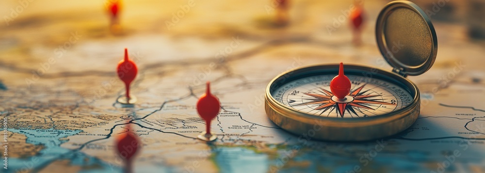 Poster a close up of a compass on a map with multiple red pins marking different locations.