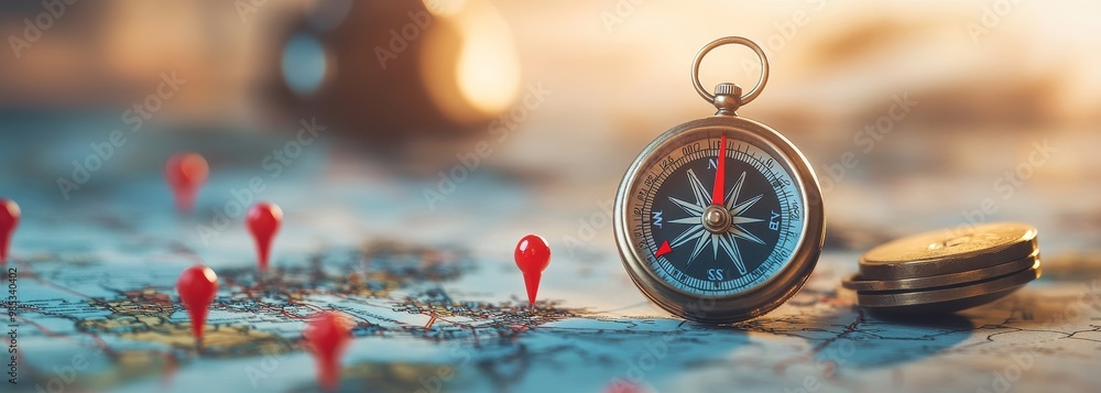 Aufkleber vintage compass lying on a map with red push pins around it.