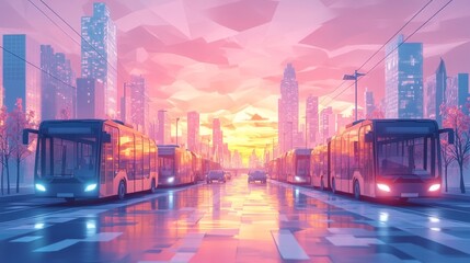 Fototapeta premium Cityscape Sunset Bus.
