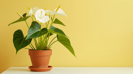 White anthurium plant in a terracotta pot on a white table, yellow color wall background.