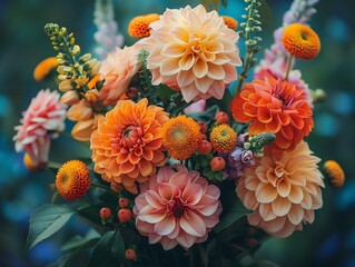 Closeup of freshly cut flowers being arranged into a bouquet with soft petals in vibrant colors and green leaves contrasting in the background