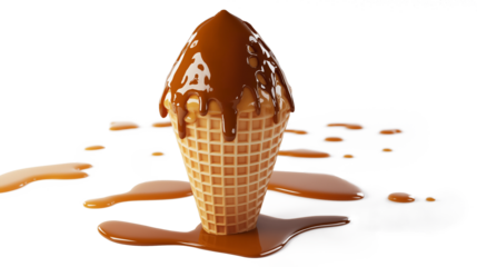 A scoop of ice cream with caramel drizzled on top of it. The ice cream is in a waffle cone and the caramel is dripping down the sides