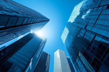 Fototapeta premium Low angle view of modern skyscrapers with blue glass facades against a clear blue sky.