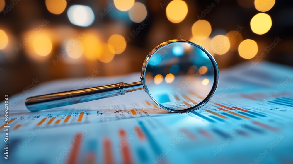 Poster magnifying glass on a blue and orange graph with blurred bokeh lights.