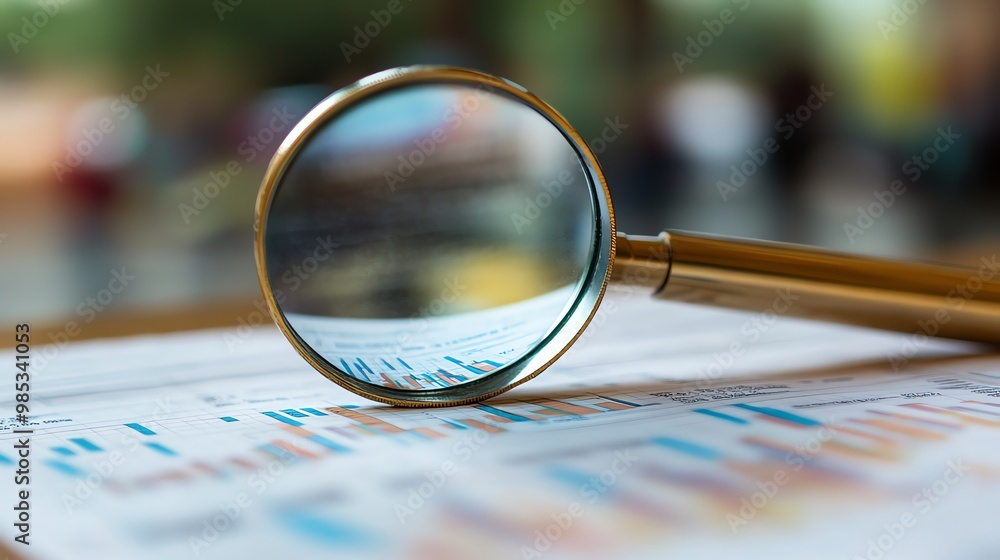 Aufkleber Magnifying glass on financial report with charts and graphs.