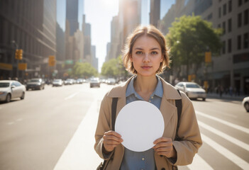 Joven sosteniendo cartel blanco en una calle concurrida de la ciudad