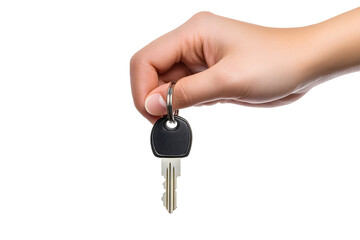 A hand holding a house or car key, representing security or ownership