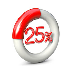 25% red circular pie chart isolated on white background. 3d illustration.