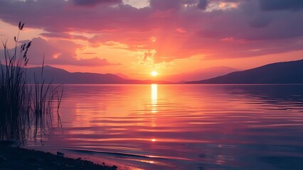 A stunning sunrise casts warm colors over a calm lake, with the water reflecting the vibrant sky. The peaceful scene captures the beauty of nature in its quiet, reflective moment.
