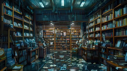 Obraz premium Rainy Day in a Bookish Haven: A Digital Illustration