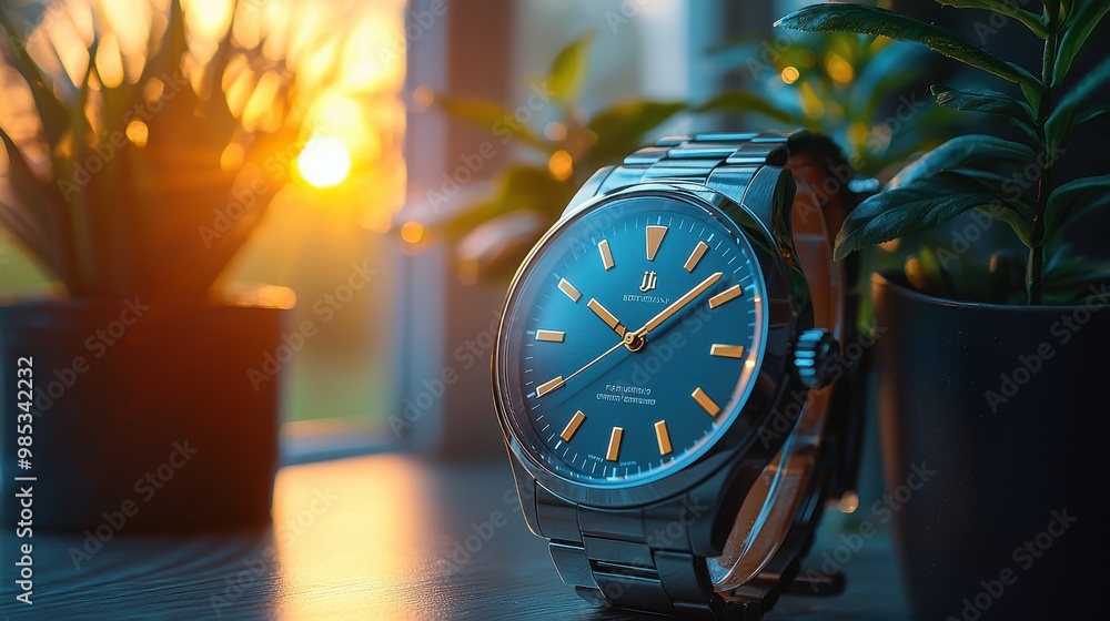 Wall mural elegant watch with a blue dial sits on a wooden surface beside potted plants at sunset, creating a t