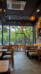 Fototapeta premium Modern cafe interior with large windows looking out onto a green tree lined street. The cafe has a tiled floor and wooden furniture.
