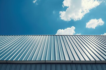 Gray metal roof with silver metal strip running along edge, angled to right. Central silver strip creates balance. Blue sky with fluffy white clouds above.