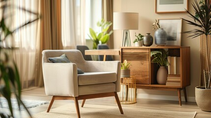 Modern living room interior with armchairs side table and elegant home accessories AI generated