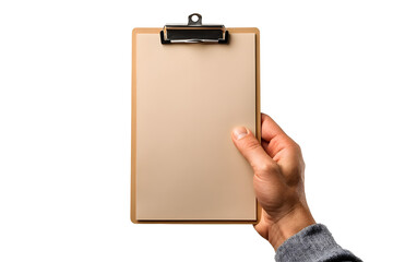 A hand holding a small clipboard with paper, ready for writing or checking off a list