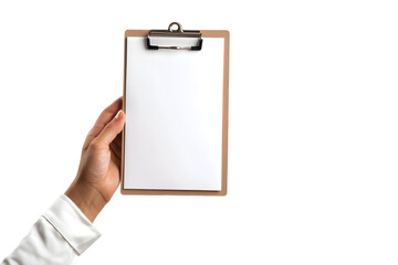 A hand holding a small clipboard with paper, ready for writing or checking off a list