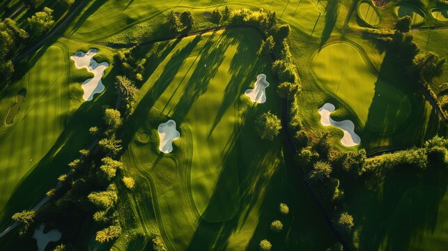 Aerial view of golf course in Oberwaltersdorf, Austria. Green plants covers the course in daylight. Golf clubs, ball, and players are visible on the lush lawn.