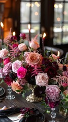 Obraz premium Romantic Wedding Table Setting with Pink and Red Roses