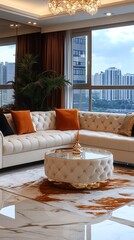 Obraz premium Modern living room interior with a white sofa, orange pillows, a glass top coffee table, and a city view.