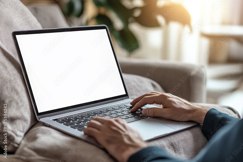 Poster a person using a laptop with a blank screen while sitting on a couch.