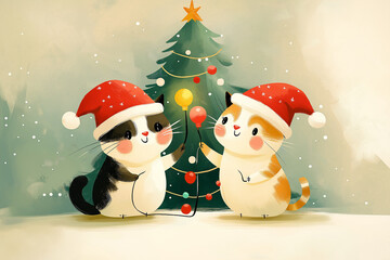 Cute cat celebrating Christmas for the first time, Christmas card and garland decoration illustration