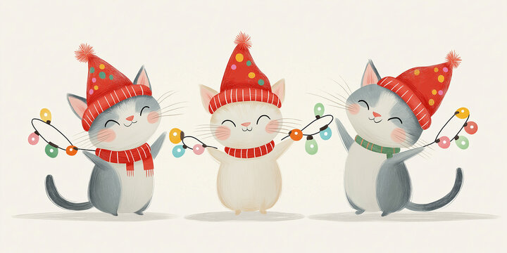 Cute cat celebrating Christmas for the first time, Christmas card and garland decoration illustration