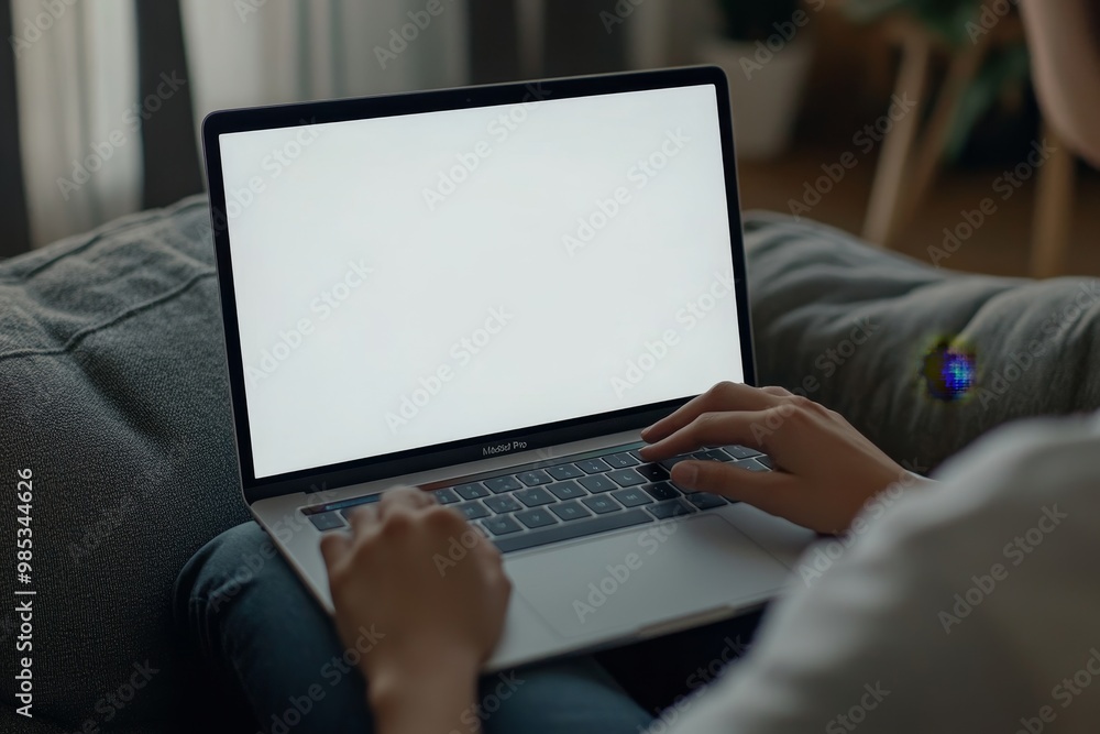 Poster close up of hands typing on a laptop with a blank screen.