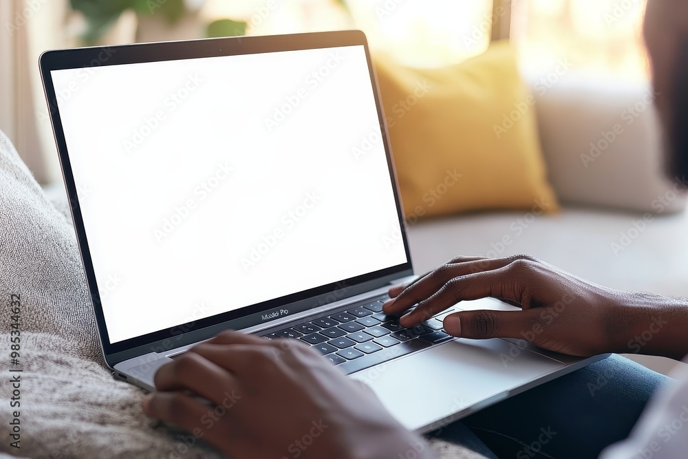 Poster person using a laptop with blank screen sitting on a couch.