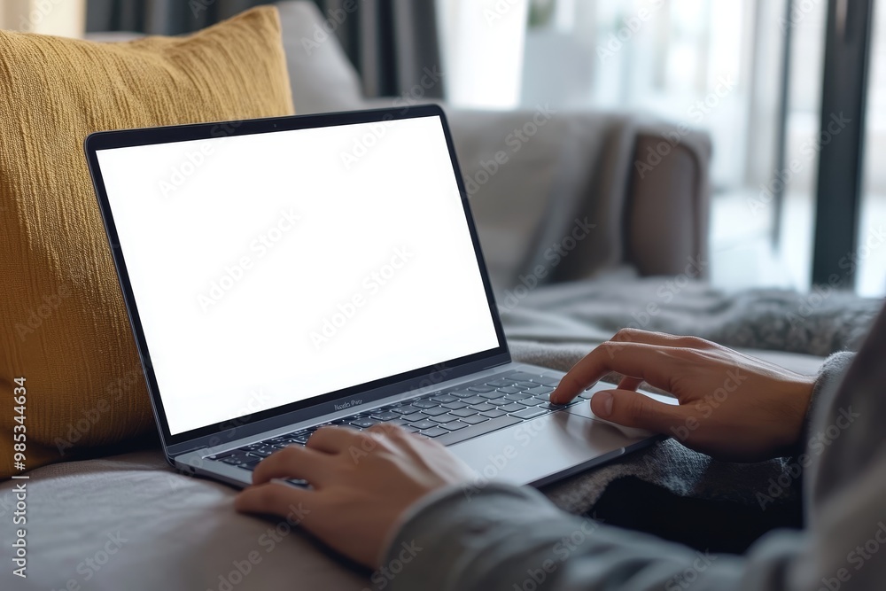 Poster person working on laptop with blank screen on sofa.