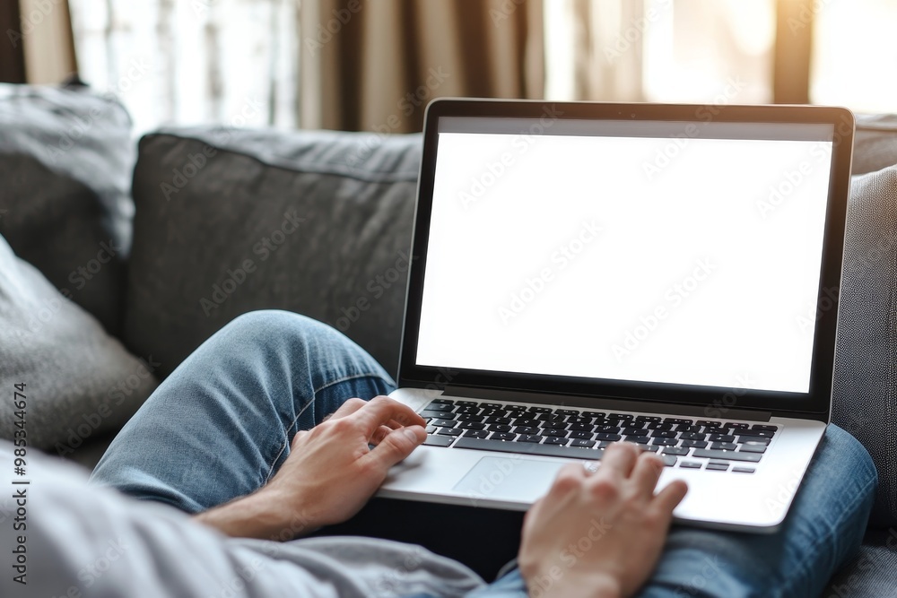 Poster close-up of a man's hands on a laptop with a blank screen, sitting on a grey couch.