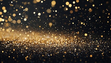 Abstract golden glitter on black background with bokeh.