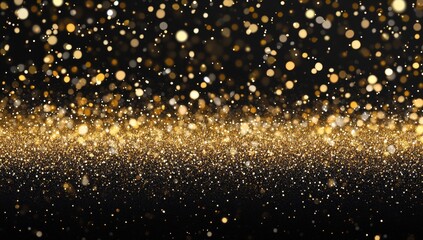 Abstract background with golden glitter and bokeh lights on black.