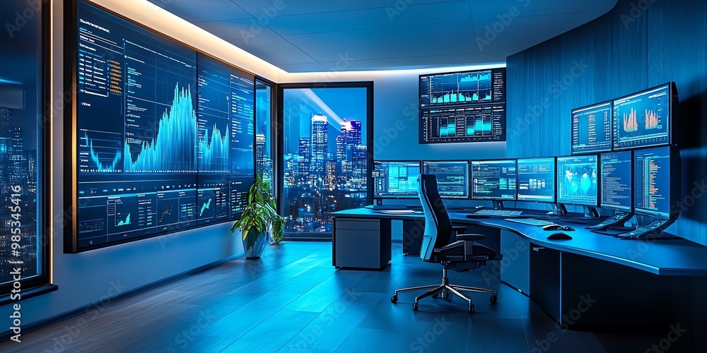 Aufkleber Modern office interior with multiple computer monitors displaying charts and graphs against a backdrop of a city skyline at night.