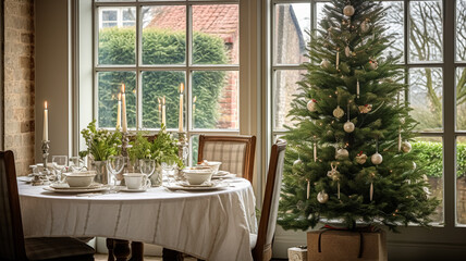 Fototapeta premium Christmas holiday family breakfast, table setting decor and festive tablescape, English country and home styling inspiration