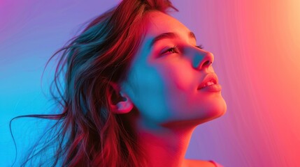 Fototapeta premium Beautiful young woman smiling on gradient background in neon light AI generated image