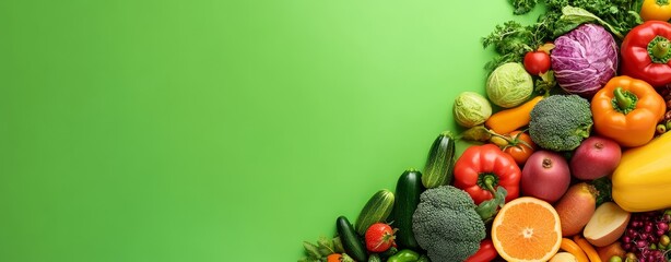 Fresh colorful vegetables and fruits on green background with copy space. © adri