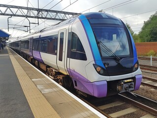 Fototapeta premium Elizabeth Line train at Shenfield station. Modern railway transportation in cloudy day. Train travels through rural area with industrial buildings in background. Train on road, steam engine, scenic