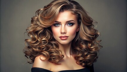 Fototapeta premium Curly-haired woman with effortless, shoulder-length layers and subtle volume, framing her face in soft, romantic curls.