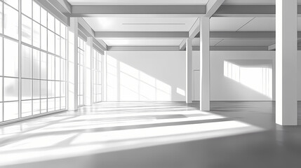 A large empty modern office with high ceilings and concrete floors. High Fashion. Illustration